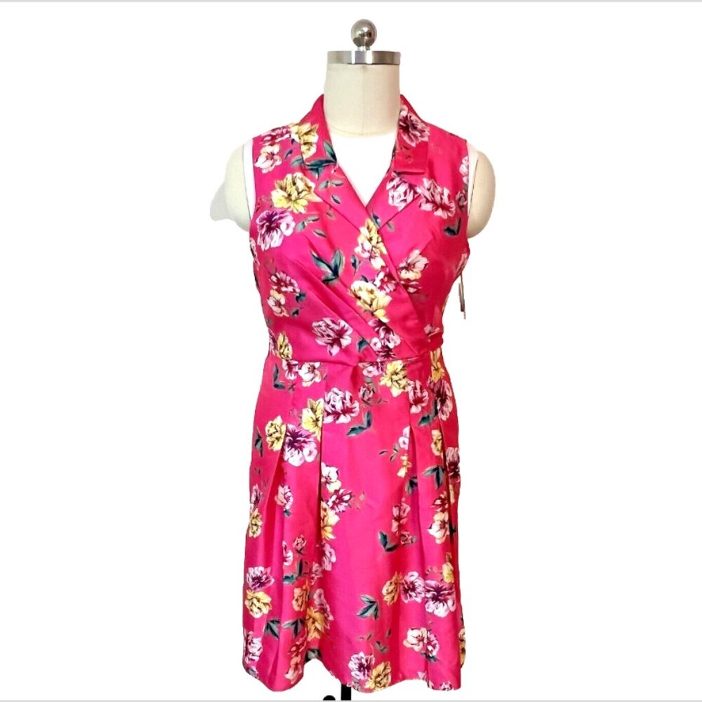 Shelby Nites | Hot Pink Taffeta Floral Sleeveless Collar Wrap Front Flare Dress